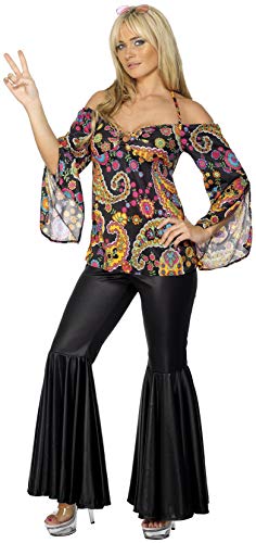 Woman in a black and colorful 1960s style hippie costume.