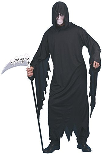 Person in a long black hooded robe holding a scythe.