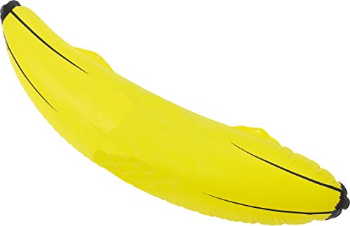 Inflatable yellow banana with blue Chiquita logo on a white background.