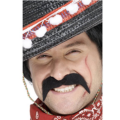 Man wearing a black sombrero, red bandana, and false mustache against a white background.