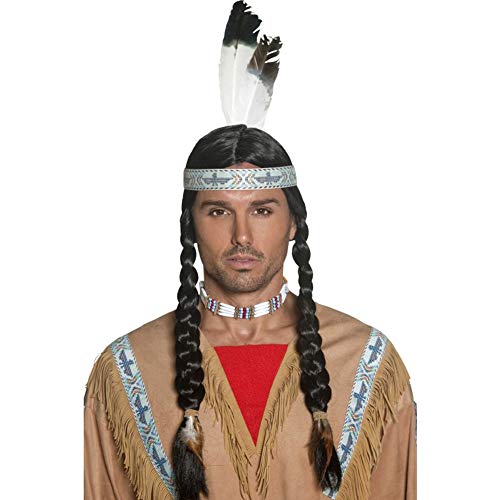 Man wearing a long, black braided wig with a feather.