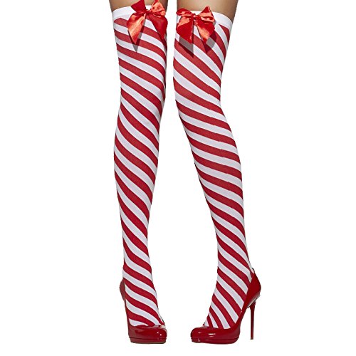 Red and white striped thigh-high stockings with red bows, worn with red high-heeled shoes.