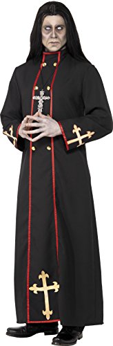 Man in a long black robe with red trim and gold crosses, holding a silver cross.
