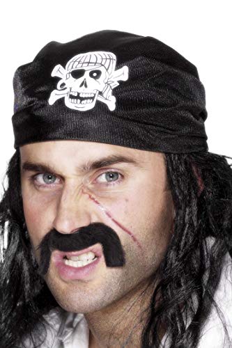 The alt text for the image is: "Man wearing a black bandanna with a white skull and crossbones design."