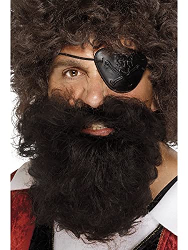 Man wearing a long, curly black pirate beard and eye patch.
