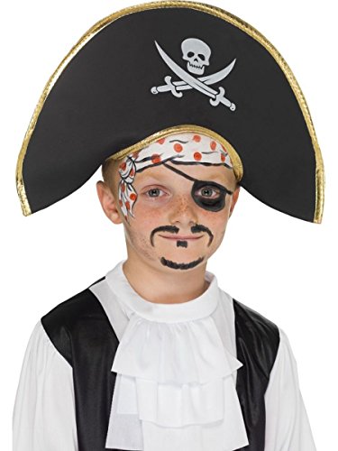 Black pirate captain hat with gold trim and skull emblem, worn by a child.