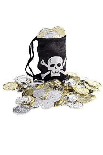 Black drawstring bag overflowing with gold and silver pirate coins.
