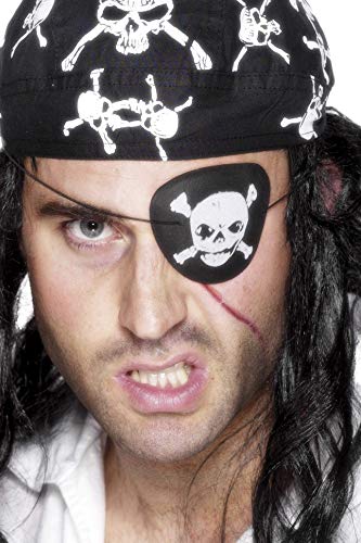 Black pirate eyepatch with skull and crossbones, worn by a man.
