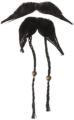 A black fake moustache and a black beard with two braided sections and beads.