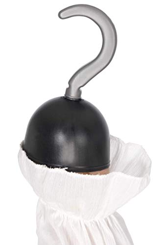 Silver pirate hook attached to a black, rounded hand covering.