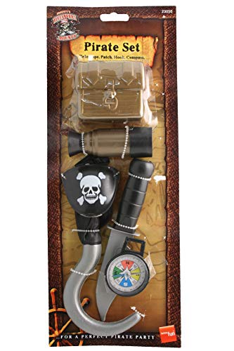 Pirate costume set in packaging, includes eyepatch, hook, knife, compass, and treasure chest.
