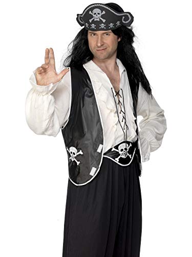 Man wearing a black pirate costume with hat, waistcoat, and belt.