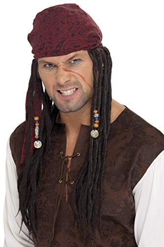 Brown pirate wig with long dreadlocks and beaded braids, worn by a man.
