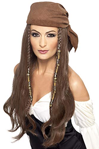 Brown pirate wig with long wavy hair, beads, and bandana.