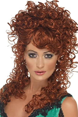 Auburn curly wig worn by a woman, styled for a saloon girl costume.