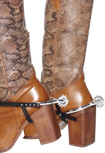Silver spur straps with black leather worn on brown snakeskin-patterned cowboy boots.