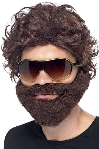 A person wearing a brown curly wig, a thick brown beard, and aviator sunglasses.