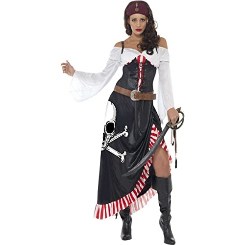 Woman in a black and white pirate costume holding a sword.
