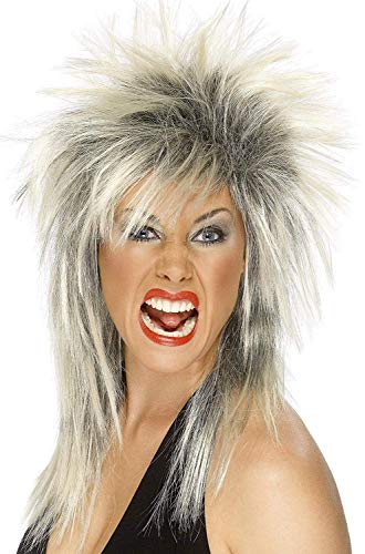 Woman wearing a spiky, two-tone blonde and black rock wig.