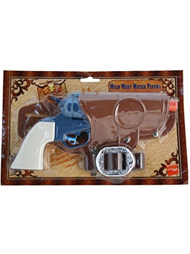 Blue and brown toy water gun with holster on packaging.