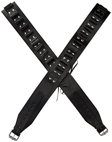 Two black leather bandoliers with loops for holding cartridges crossed.