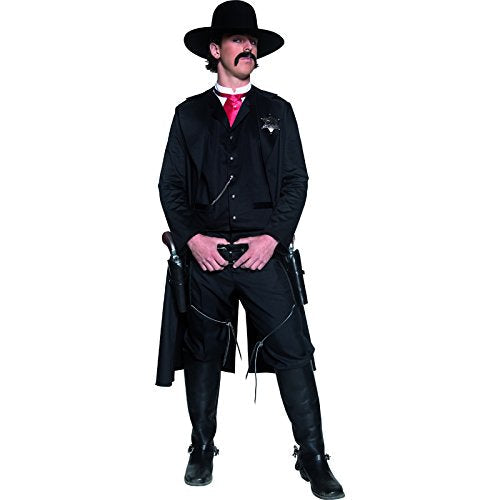 Man dressed as a sheriff in a black western costume, holding a gun, standing against a white background.