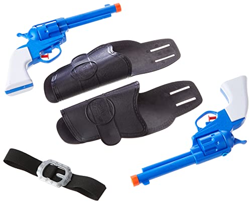 Blue toy water pistols with black holsters and a black belt.