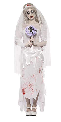 Zombie bride costume with white dress, veil, bouquet, and blood-splatter details.