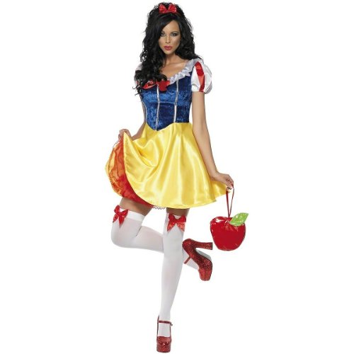Woman in a Snow White fairytale costume with yellow skirt and red accents.