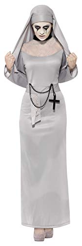 A woman wearing a grey gothic nun costume with a headpiece and black cross necklace.