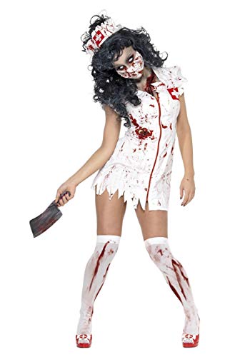 Zombie nurse costume with blood splatters, holding a cleaver.