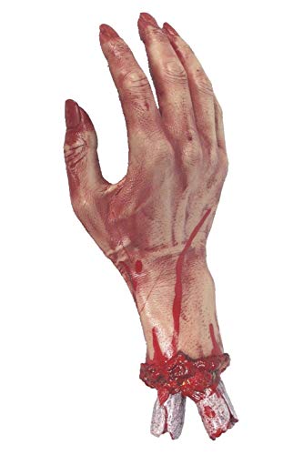 Realistic rubber severed hand with graphic, bloody details for costume use.