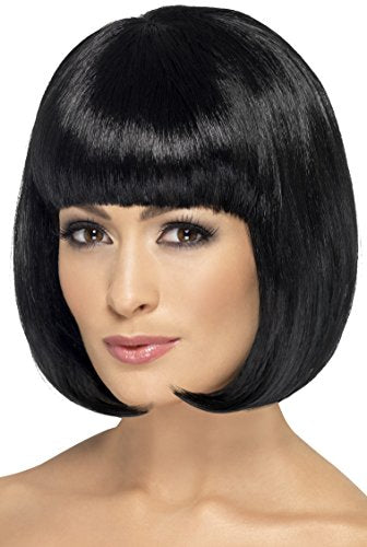 Black short bob wig with straight fringe on a mannequin head, against a white background.