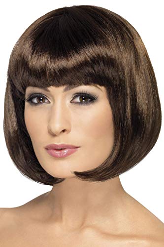 Dark brown bob wig with bangs, worn on a person’s head.