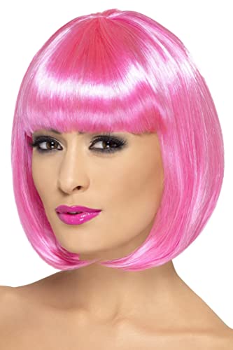 Bright pink, short bob wig with straight fringe on a mannequin head.