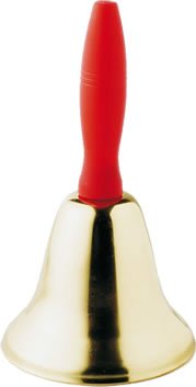 "Gold Christmas bell with a red plastic handle on a white background."