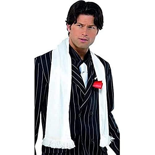 Man wearing a white, tasseled 1920s-style scarf with a pinstripe suit.