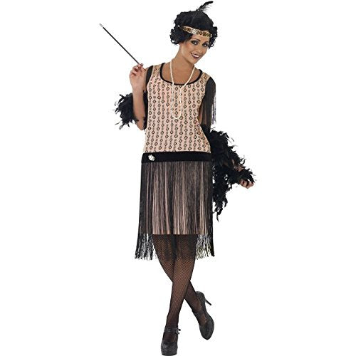 Woman wearing a 1920s flapper costume with fringe and headband.