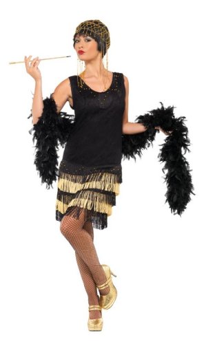 A woman in a black flapper costume, holding a cigarette holder, against a white background.