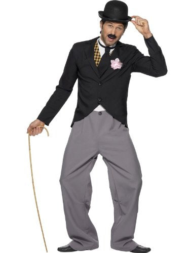 Man dressed as Charlie Chaplin in a black suit, hat, and holding a cane.