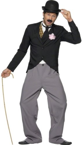 Man in a black suit, bowler hat, and cane costume.