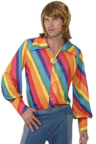 Man wearing a brightly colored, striped 1970s style shirt and wig.