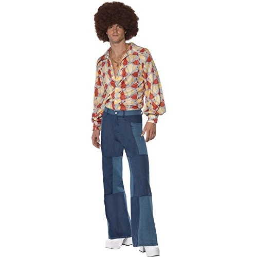 Man wearing a 1970s style costume with large afro and flared jeans.