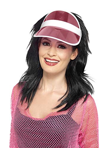 Woman wearing a pink and white 1980s style sun visor.