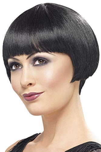 Black, short bob wig with blunt bangs on a mannequin head.