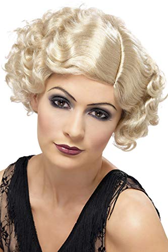 Blonde, curly bob wig styled in a 1920s flapper fashion.