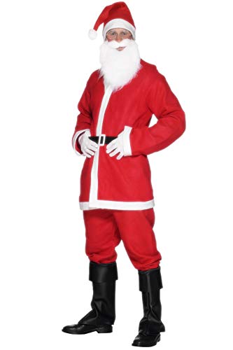 A man wearing a red and white Santa Claus costume with a white beard.