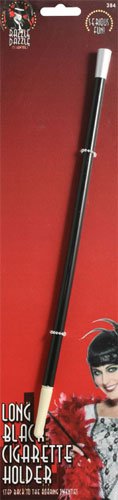 Long black cigarette holder on red card with flapper imagery.