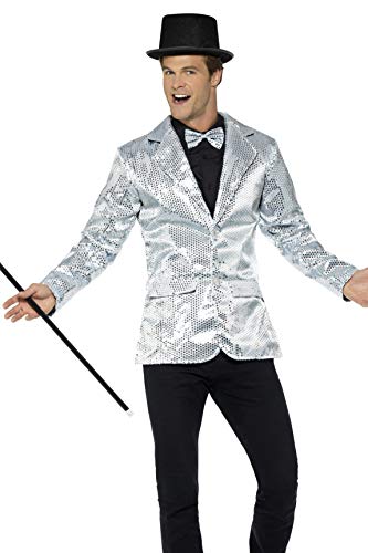 Man wearing a silver sequin jacket, black top hat, bow tie, and holding a cane.