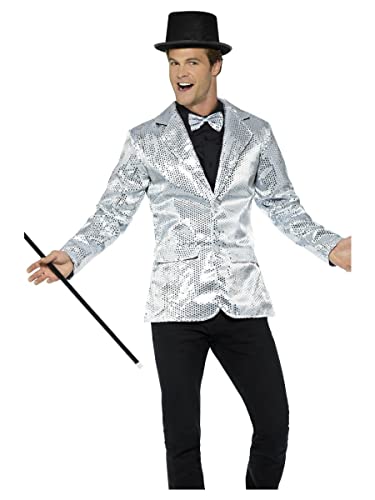 Silver sequin jacket, black pants, bow tie, and hat on a man.